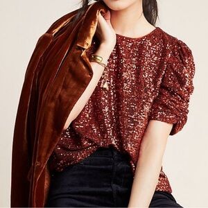 ANTHROPOLOGIE ‘Marie’ Festive Sequined Ruched Short Sleeve Blouse Top Women’s 2